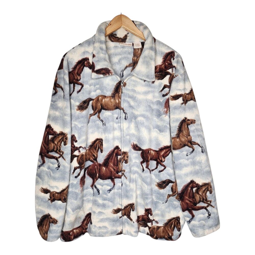Vintage 90s Equestrian Horse Print Fleece Jacket Womens XXL Western Full Zip